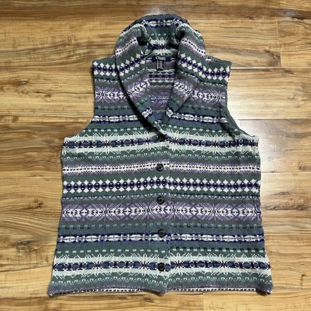 Chaps Knit Sweater Vest Women Size‎ M Front Buttons Green Purple Patterned Shawl
